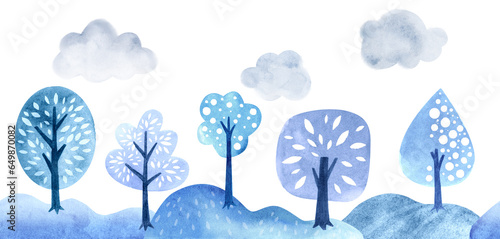 seamless border pattern with winter landscape, clouds, trees, watercolor illustration. Cute childish style