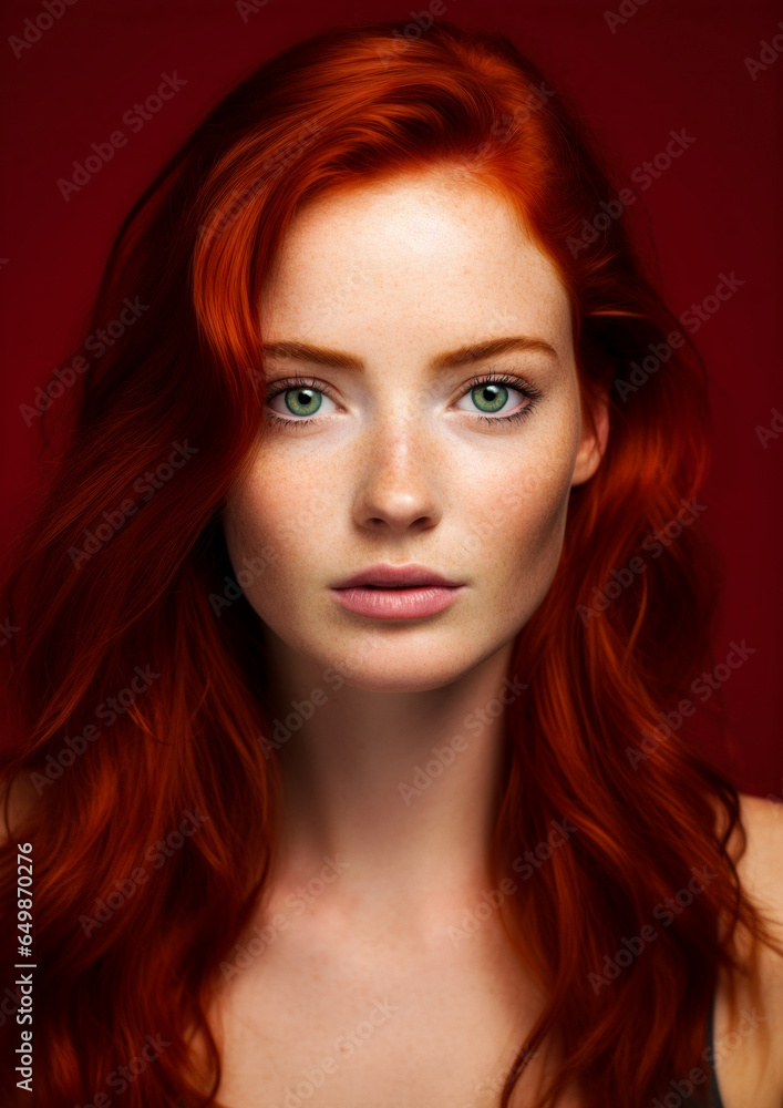 Redhead woman on a conceptual red background for frame