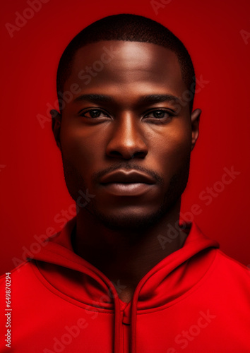 Black man in red clothes on a conceptual red background for frame