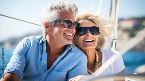 Senior couple sailing luxury yacht during their active retirement, Plan life insurance of happy retirement. © Oulaphone