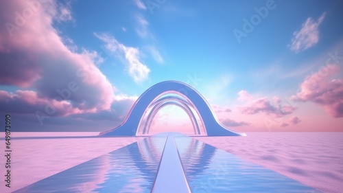 3d render Abstract aesthetic background. Surreal fantasy landscape. Water, pink desert, neon linear arch and chrome metallic gate under the blue sky with white clouds. Generative AI image weber. © Summit Art Creations
