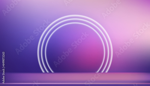 Studio background,Empty Room 3D Display podium with Neon Ring Light on lilac purple wall.Backdrop with  Pink,Violet and blue floor.Vector Banner Futuristic neon for product future cyberspace concept