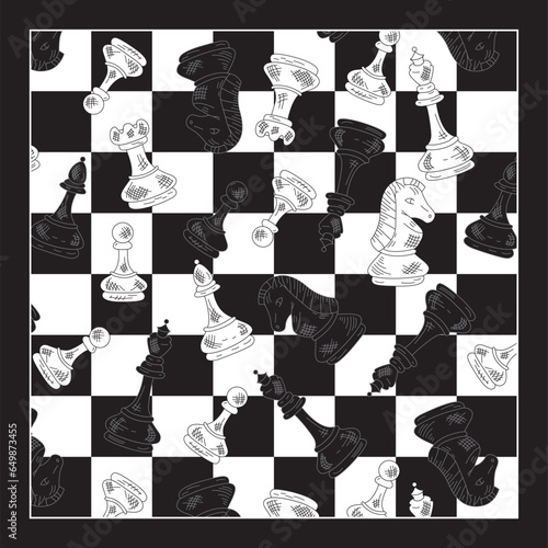 Black and white chess board and pieces pattern