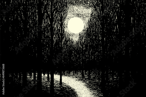 Dark forest landscape with full moon in retro dotwork style. Mysterious night landscape in vintage style.