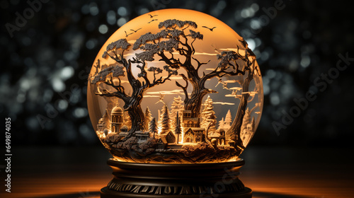 Halloween Snow Globe with Creepy Tree, Skull, and Haunted Town in the Display Under a Glass Dome - Unique Halloween Themed Background with Copy Space