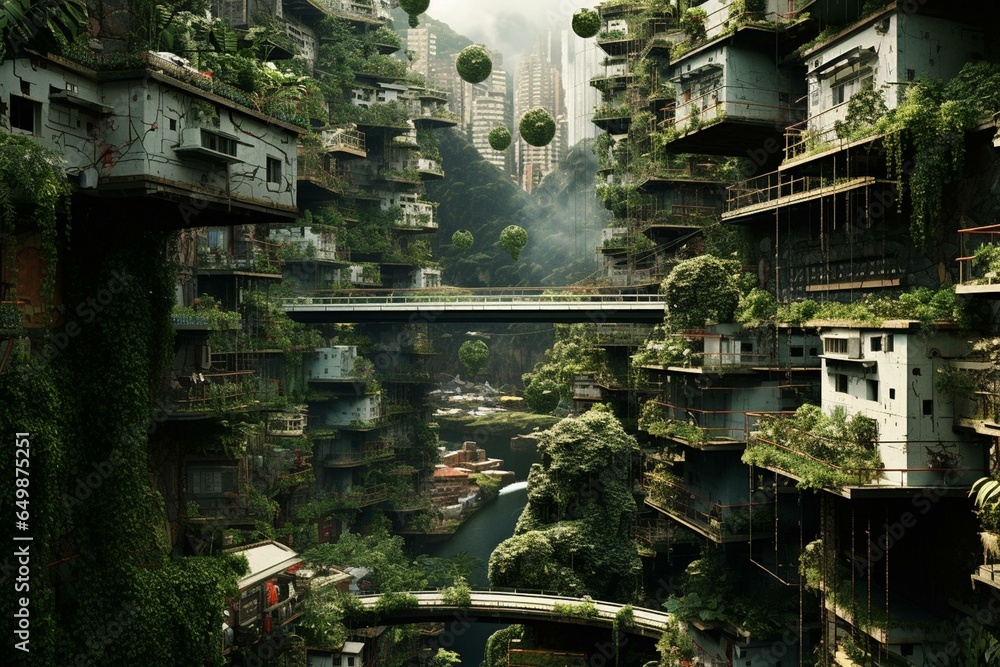 Imaginative, urban jungle showcasing future city living. Generative AI