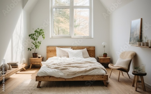 White bedroom with a wooden bed and a window at the bottom, in the style of muted color palette. Generative AI © piai