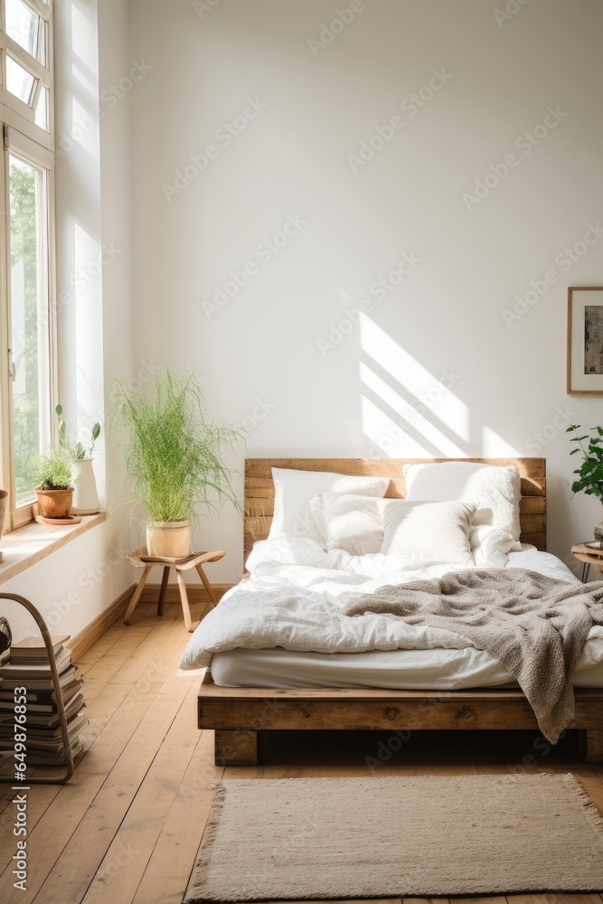 Fototapeta premium White bedroom with a wooden bed and a window at the bottom, in the style of muted color palette. Generative AI