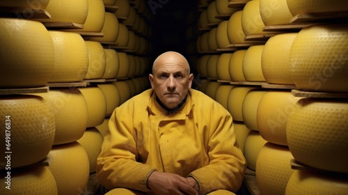 A man sitting in a cheese factory