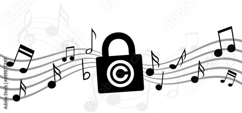 Copyright or C letter. Right of first publication. Copy right symbol. Musical note, element, staff pattern. Vector key wave. Sound symbol. concept of legal education. Pad lock privacy logo. Music wave