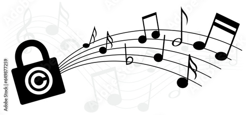 Copyright or C letter. Right of first publication. Copy right symbol. Musical note, element, staff pattern. Vector key wave. Sound symbol. concept of legal education. Pad lock privacy logo. Music wave