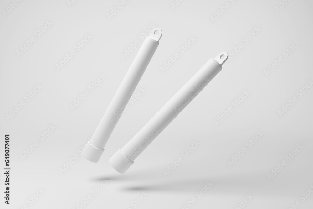 White glow sticks floating in mid air on white background in monochrome and minimalism. Illustration of the concept of its recreational and emergency services applications White glow sticks floating in mid air on white background in monochrome and minimalism. Illustration of the concept of its recreational and emergency services applications