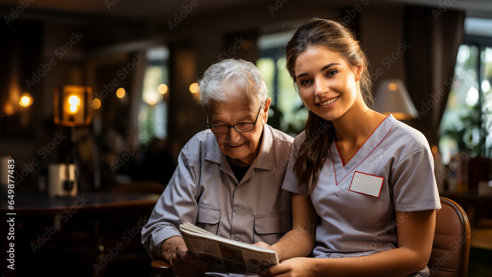 The nurse is taking care of a senior pensioner in a retirement home. Carer is reading the newspaper with pensioner. - obrazy, fototapety, plakaty 