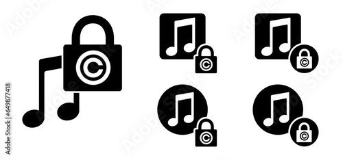 Copyright or C letter. Right of first publication. Copy right symbol. Musical note, element, staff pattern. Vector key wave. Sound symbol. concept of legal education. Pad lock privacy logo. Music wave