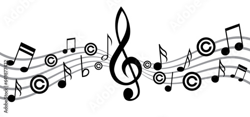 Copyright or C letter. Right of first publication. Copy right symbol. Musical note, element, staff pattern. Vector key wave. Sound symbol. concept of legal education. Pad lock privacy logo. Music wave