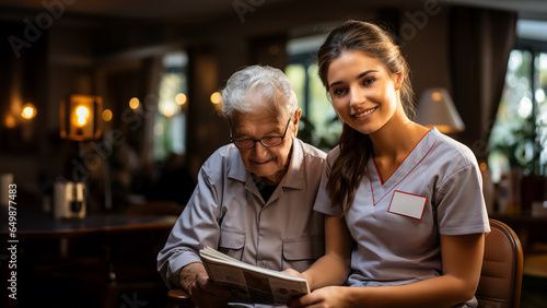 A nurse, who is also acting as a carer, is reading the newspaper with a pensioner in the retirement home.