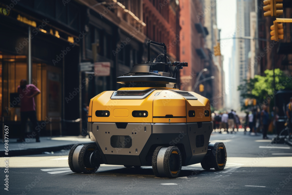 AGV (Automated guided vehicle) in New York city streets logistic and transport.
