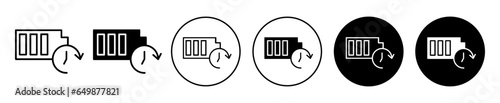 Long Battery life icon. Durable electric battery cell with full charge symbol. Electrical power cell with long life vector set. Battery recharge time line icon.
