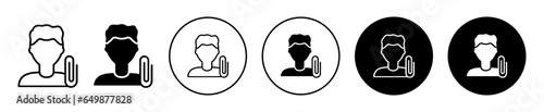 Attach resume icon. Upload user biodata or cv document paper online symbol. Applicant person form attachment on website vector set. User profile page or file line sign.