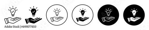 fact check icon. Lightbulb in hand symbol. Bright future or innovation lamp vector set. Creative idea check line sign. True thinking bulb logo. 