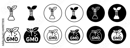 GMO icon. Non gmo or free from chemical use in agriculture product symbol set. Organic or natural gmo free food vector sign. Flask or beaker with leaf line icon.