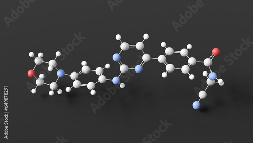 momelotinib molecule, molecular structure, inhibitor of janus kinases jak1 and jak2, ball and stick 3d model, structural chemical formula with colored atoms photo