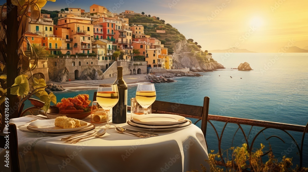 travel italian coastal dining illustration food people, sea blue, mediterranean outdoor travel italian coastal dining - obrazy, fototapety, plakaty 