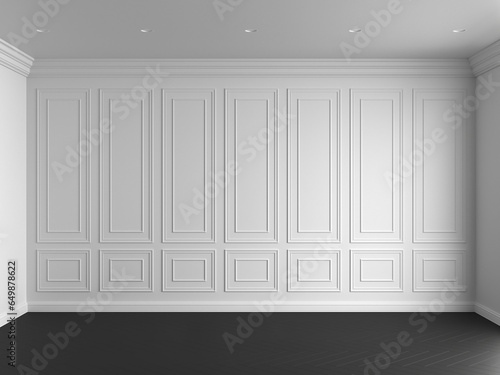 3d render of white interior with panels on wall and dark wood on floor illustration