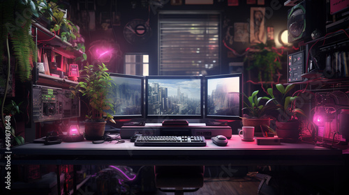 Generative AI, Computer on the table in cyberpunk style, nostalgic 80s, 90s. Neon night lights vibrant colors, photorealistic horizontal illustration of the futuristic interior. Technology concept.. 