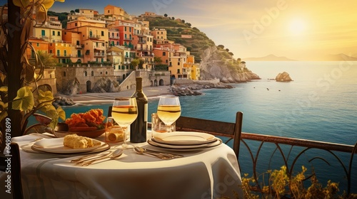 Stampa su tela travel italian coastal dining illustration food people, sea blue, mediterranean