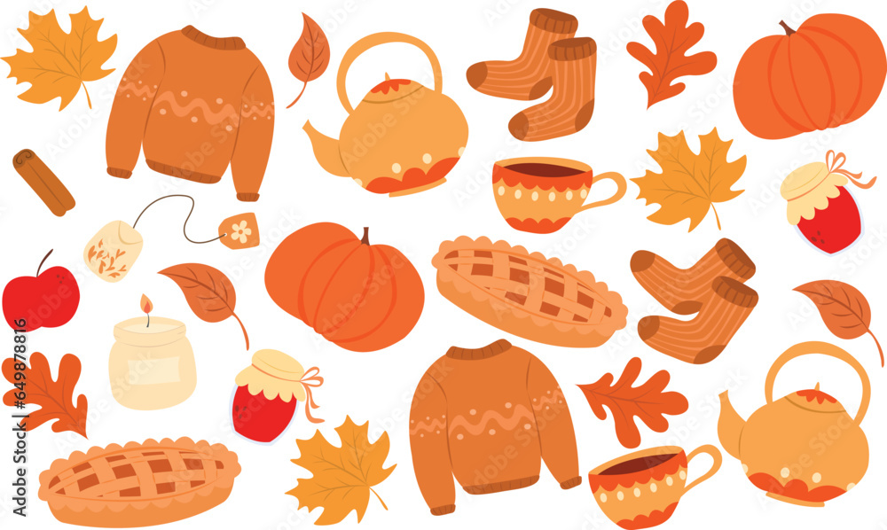 Autumn pattern. Doodle vector elements. Orange leaves
