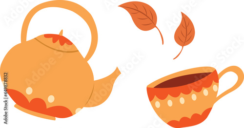 Autumn tea and leaves vector. Hot beverage 