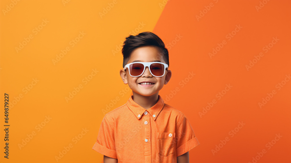 Snapshot of a child of Asian descent posing artistically against a colorful background..