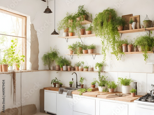 Chalk-colored rustic house full of plants pots