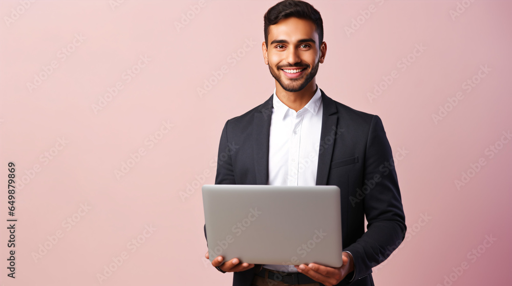 Modern, happy young businessman with a laptop, isolated on a colored background, leaving room for text. Modern, happy young businessman with a laptop, isolated on a colored background, leaving room for text.