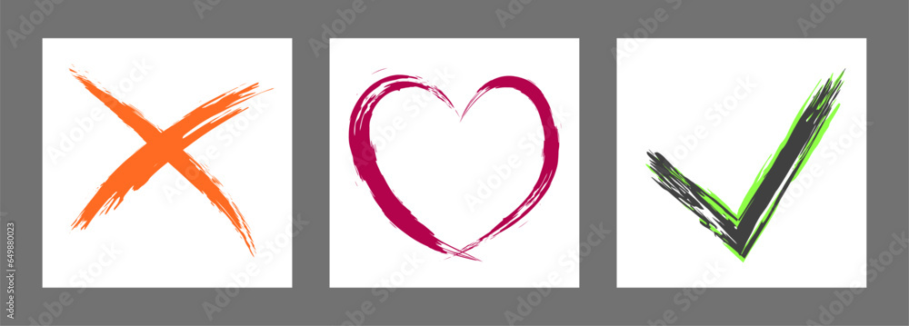 The cross, heart and OK symbol are hand-drawn with a brush. Prohibition, denial, error. Love. Approval, consent. Vector, set of 3 characters The cross, heart and OK symbol are hand-drawn with a brush. Prohibition, denial, error. Love. Approval, consent. Vector, set of 3 characters