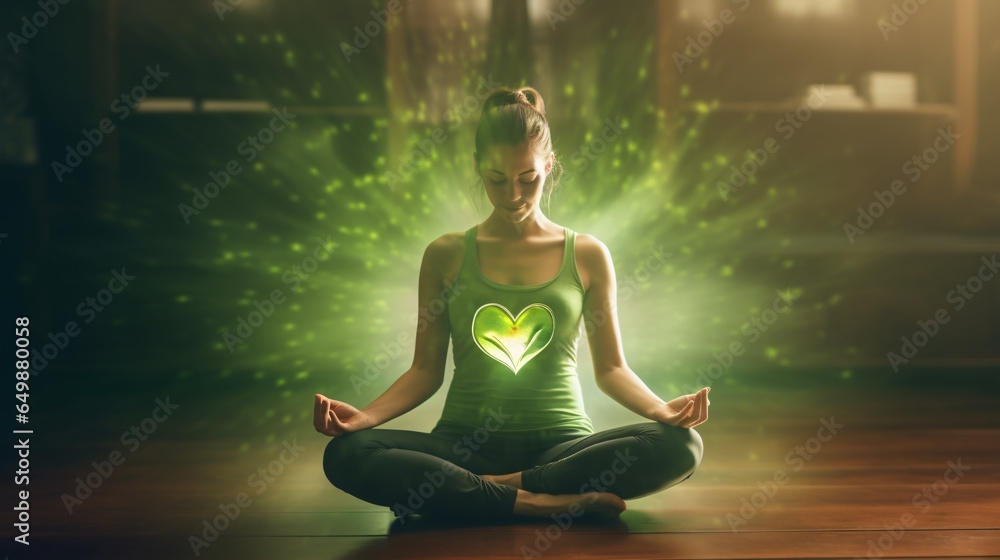 Guided Meditation for Healing the Heart Chakra: A woman in a lotus pose - obrazy, fototapety, plakaty 