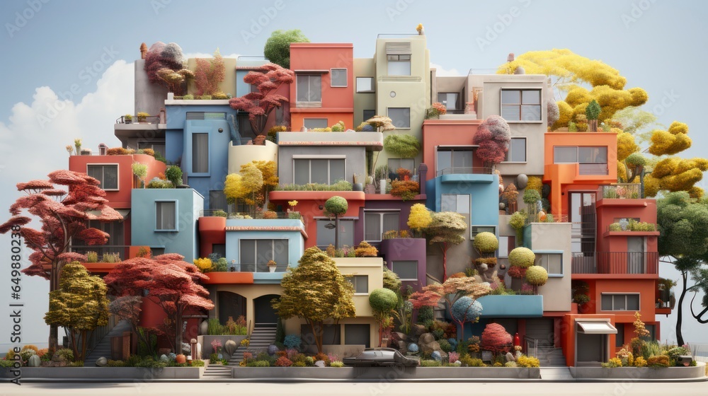A house with a colorful facade, in the style of contemporary art, terraced cityscapes, light maroon and beige. A house with a colorful facade, in the style of contemporary art, terraced cityscapes, light maroon and beige.