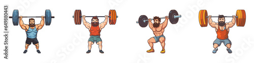 Set of a strong man lifting barbel. Cartoon vector illustration.