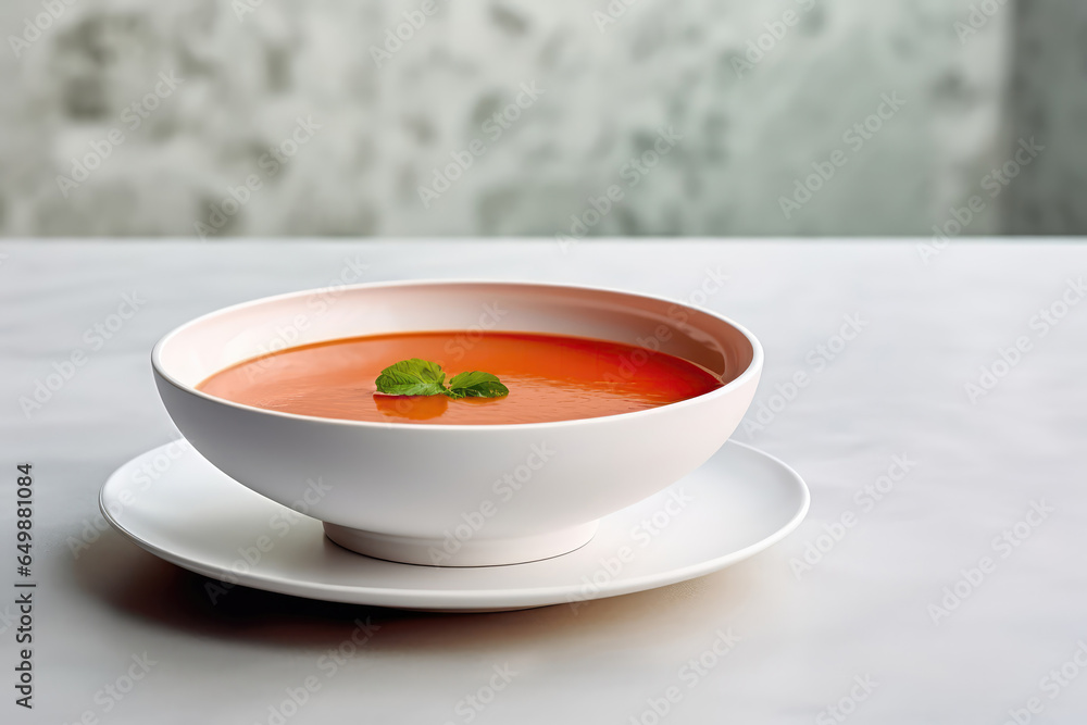 A Bowl Of Tomato Soup On A White Plate A Bowl Of Tomato Soup On A White Plate