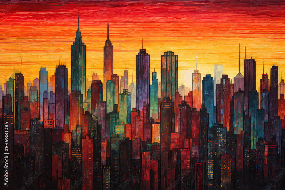 Towering Skyscrapers At Sunset Painted With Crayons