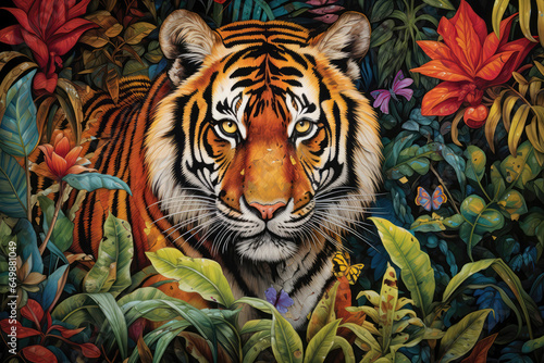 A Painting Of A Tiger Surrounded By Leaves And Flowers
