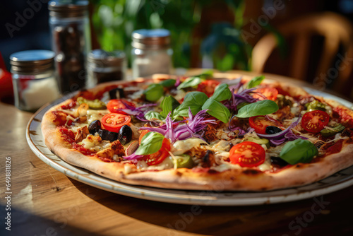 Vegan Pizza On Plate In Scandinavianstyle Cafe