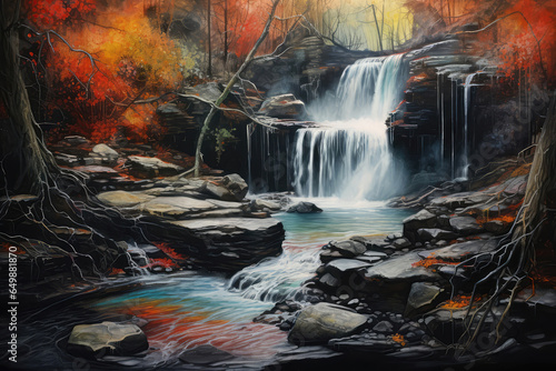 Waterfall Flowing Through Rocks Painted With Crayons photo