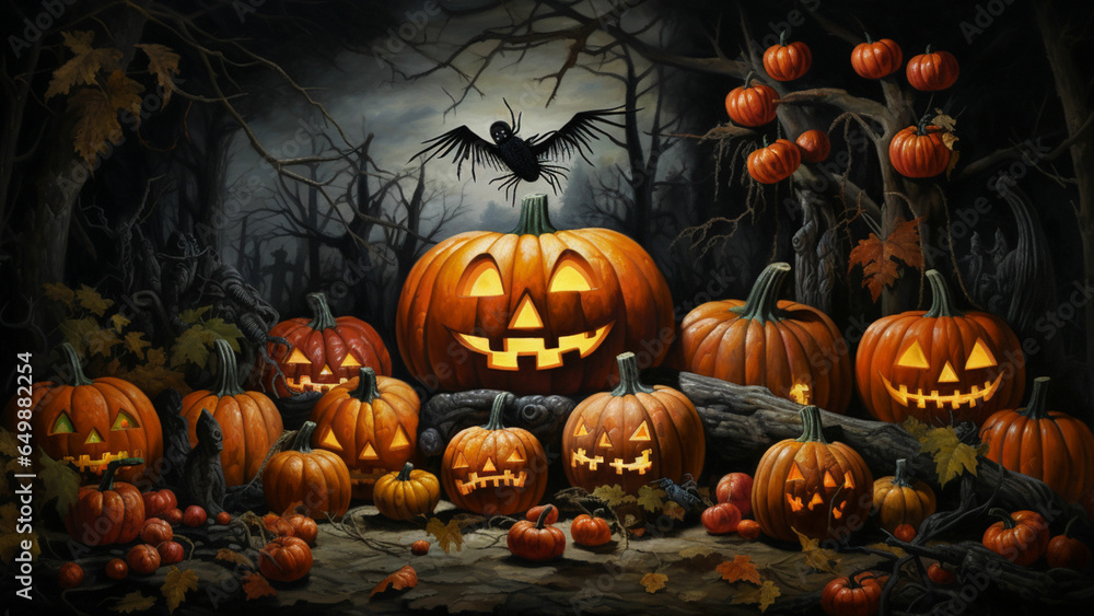 Halloween 2023 and scared little girl with her back turned in the cemetery, pumpkins, spiders, blind mice, Halloween 2023 and scared little girl with her back turned in the cemetery, pumpkins, spiders, blind mice,
