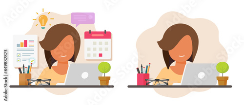 Business woman working busy entrepreneur multitasking icon vector graphic illustration, girl female person workload multi task on computer table desk, businesswoman study learning image clipart