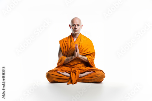 Monk in an orange robe sits cross-legged and prays isolated on white background