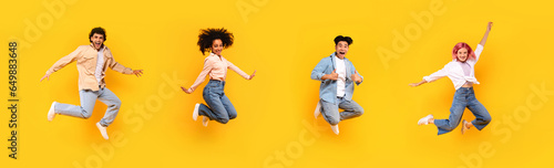 Emotional teen students jumping up high in the air isolated on yellow studio background, panorama