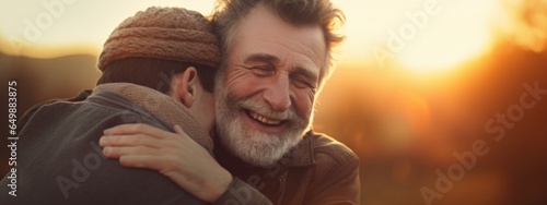 An older man is hugging his adult son with a smile on his face. Generative AI. photo
