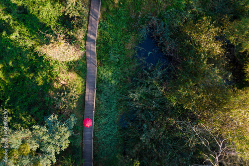Top-down view of a person under a red umbrella walking on a wooden path in the park